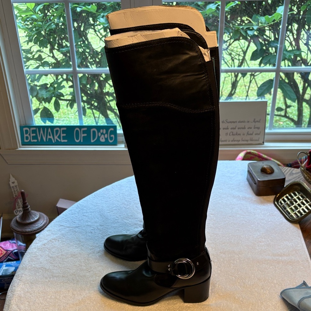 Marc Fisher 50/50 Suede Black Heeled Knee High Boots - Picture 2 of 9